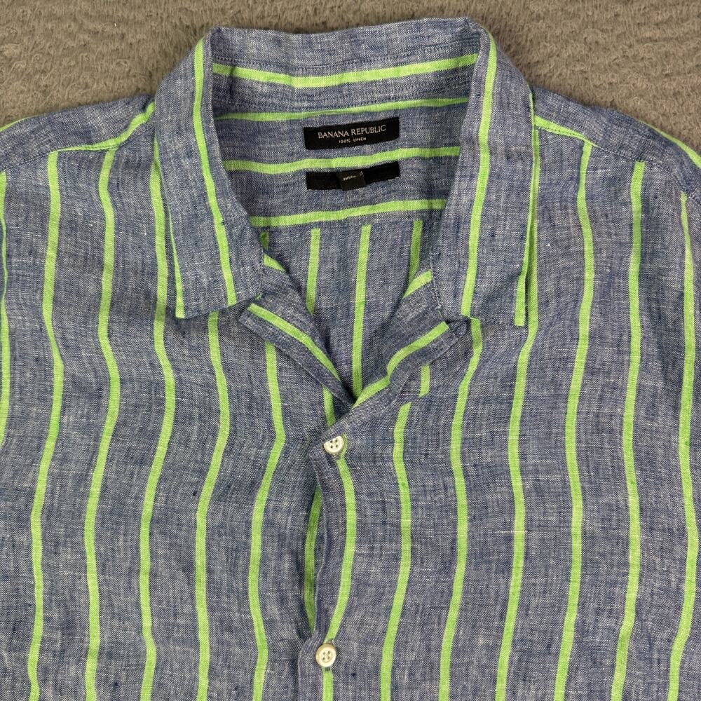 Banana Republic Camp Shirt Mens XL Blue 100% Linen Short Sleeve Loop Collar